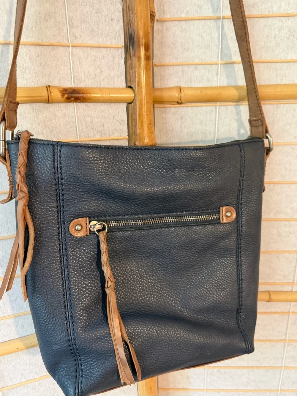 The Sak Navy Crossbody Bag with Brown Strap